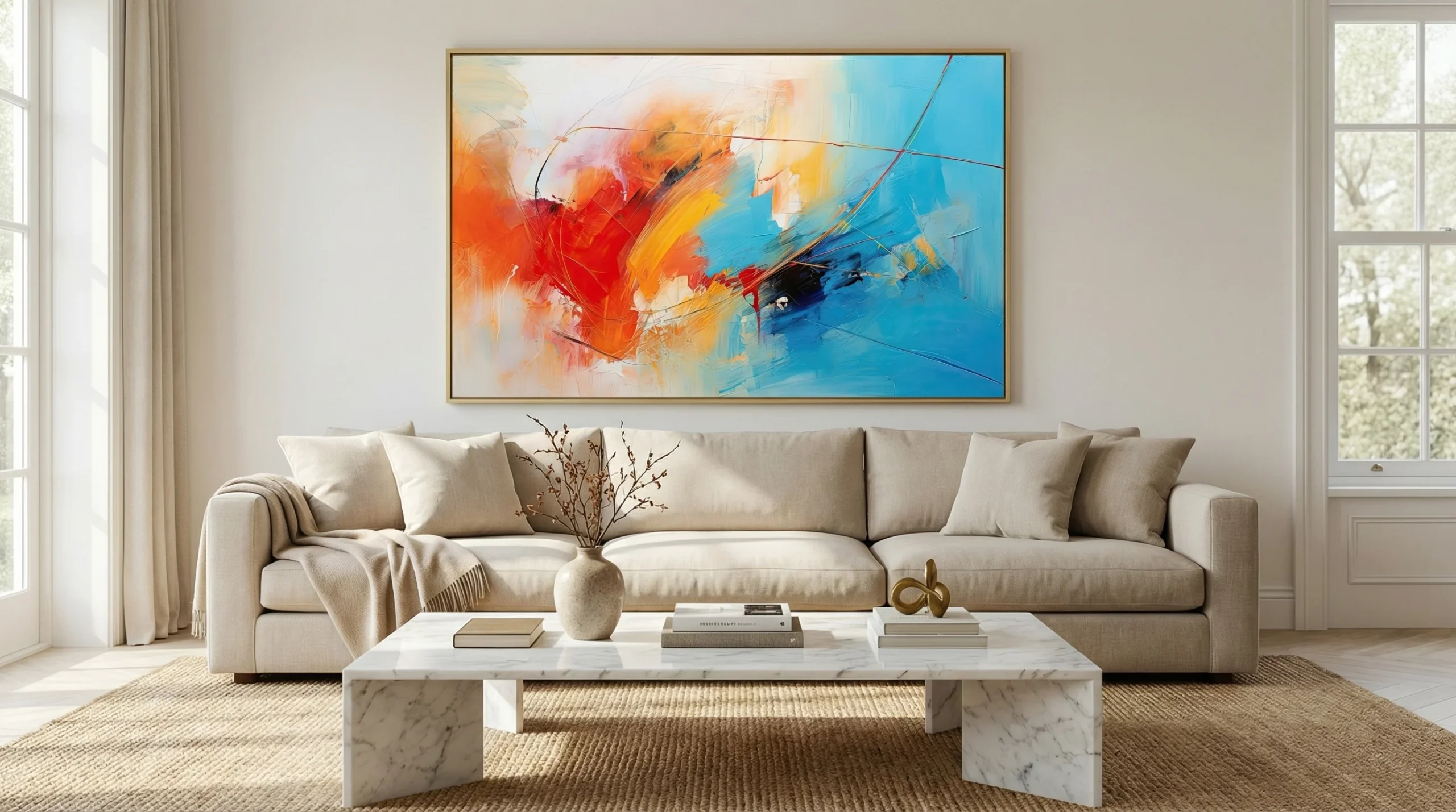 Tableau Abstrait Éclat Vibrant – Toile Moderne Bleu & Orange AFTER