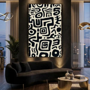 Tableau Abstrait Empreinte Tribale – Minimaliste Noir & Beige