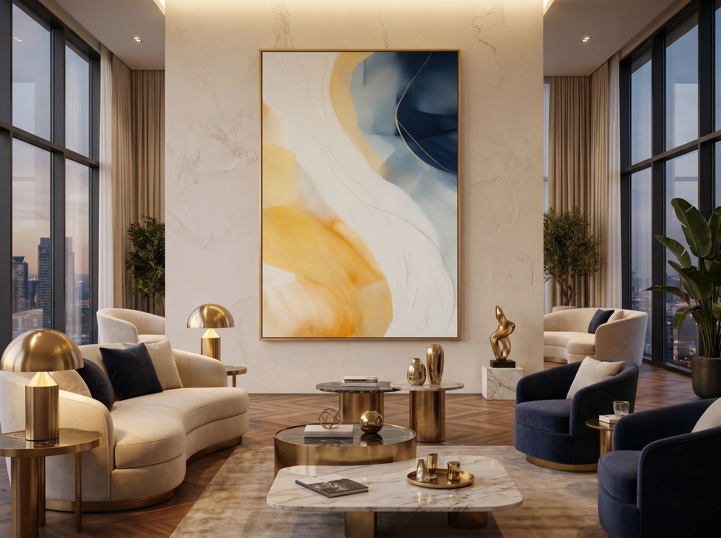 Tableau Abstrait Horizon Doré – Art Fluide Bleu & Ocre AFTER