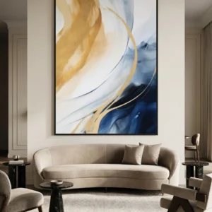 Tableau Abstrait "Ondulation Dorée" – Art Fluide Bleu Nuit & Or