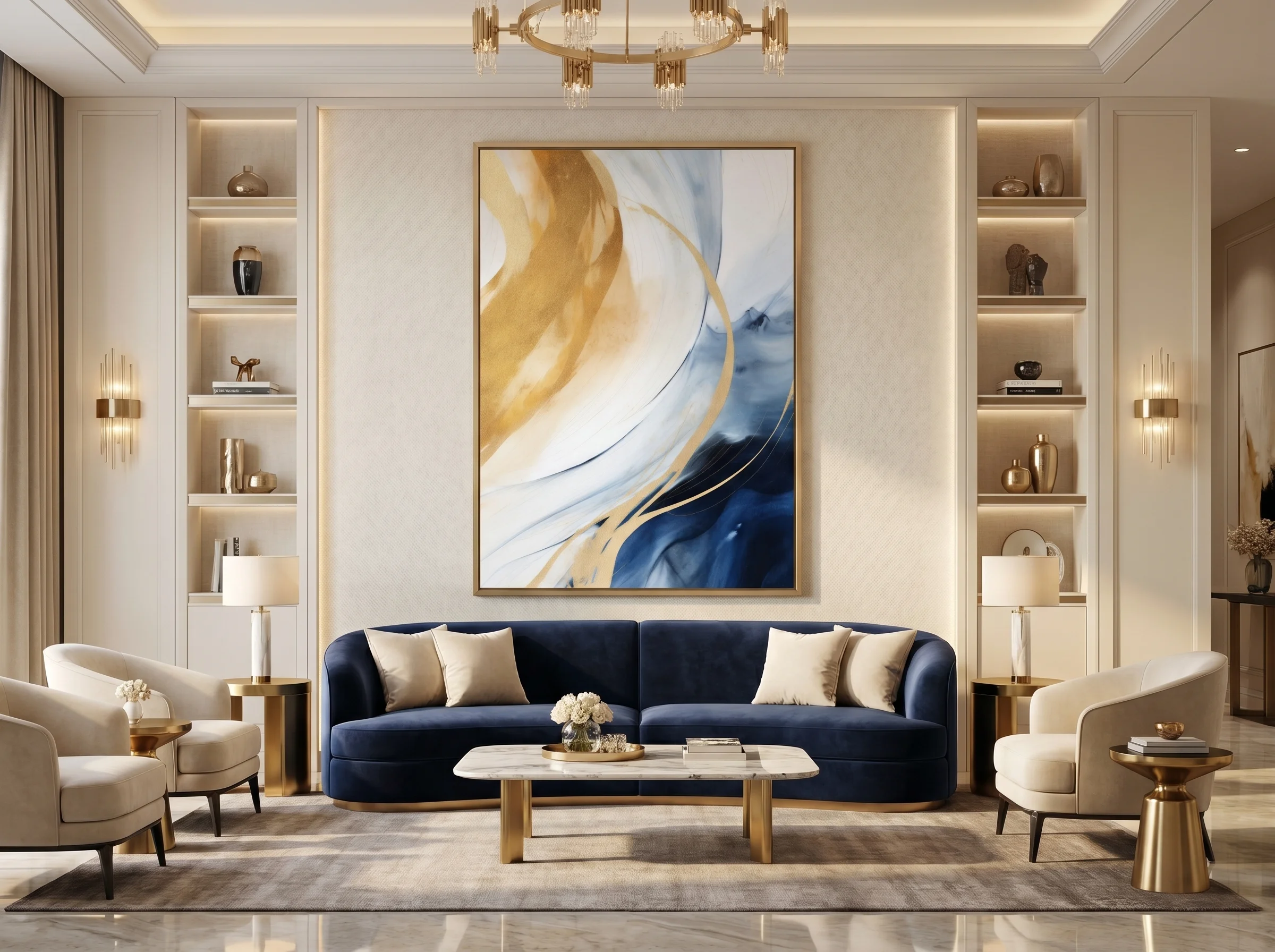 Tableau Abstrait Ondulation Dorée – Art Fluide Bleu Nuit & Or - after