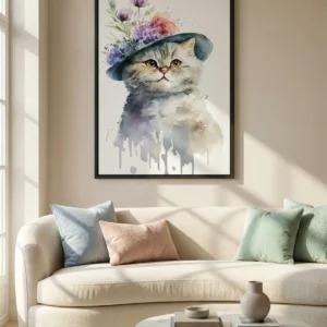 Tableau Aquarelle "Le Chat Élégant" – Art Mural Douceur