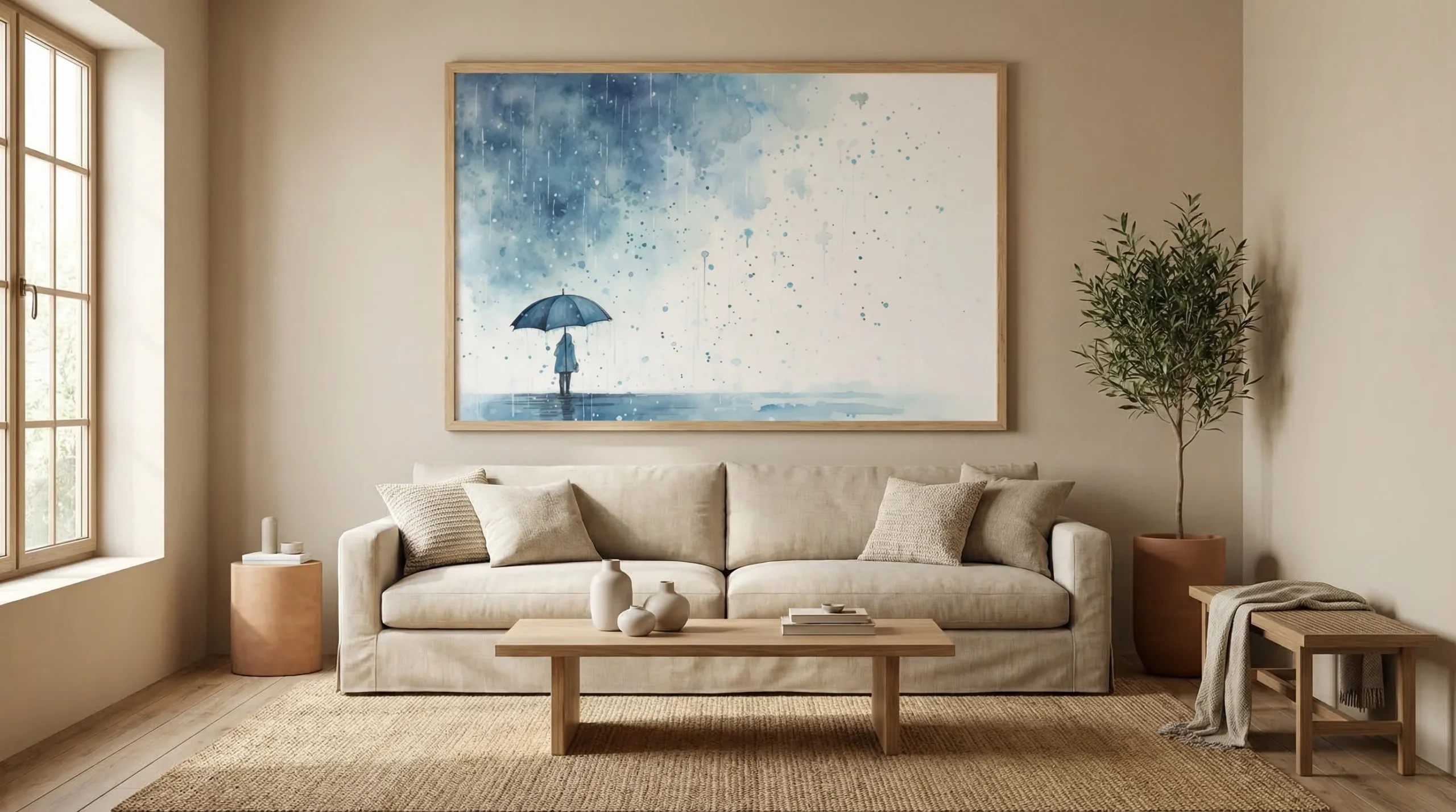 Tableau Aquarelle Pluie Sereine – Art Minimaliste Bleu AFTER