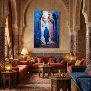 Tableau Magie de Chefchaouen – Peinture Orientale Bleue