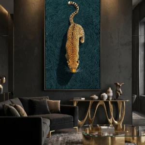 Tableau Marche Féline – Léopard 3D Abstrait Bleu Canard