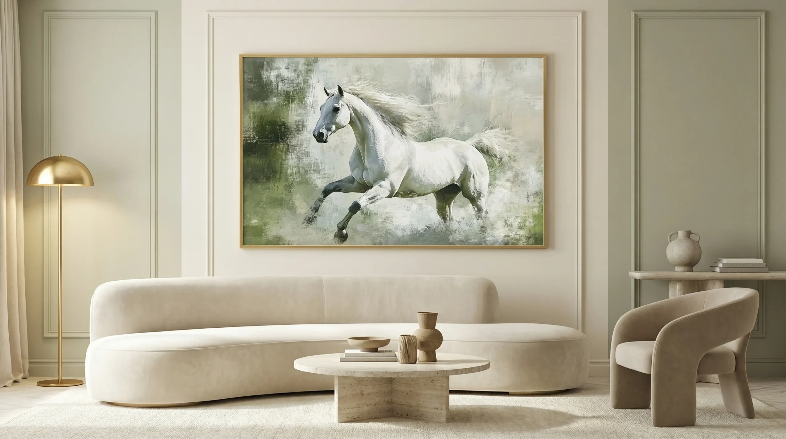 Tableau Peinture Galop Brumeux – Cheval Blanc & Vert Sauge AFTER