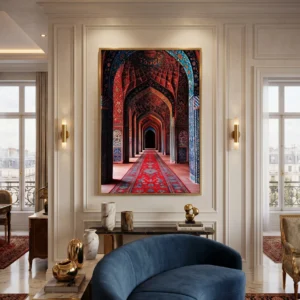 Tableau "Perspective Impériale" – Architecture Orientale Rouge & Bleu